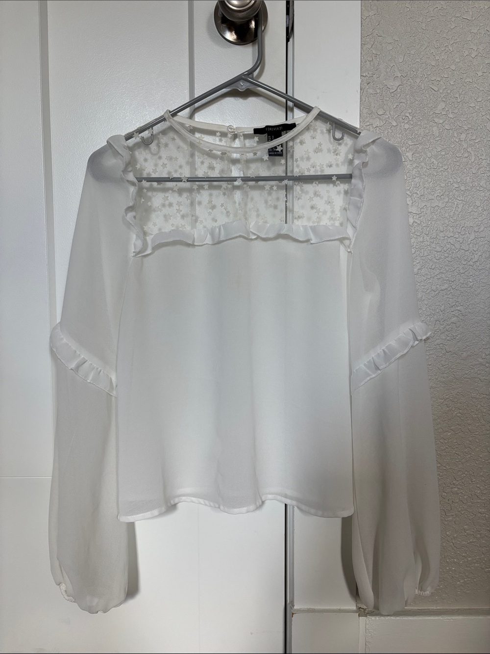 Forever 21 White Star Sheer Ruffle Yoke Long Sleeve Blouse